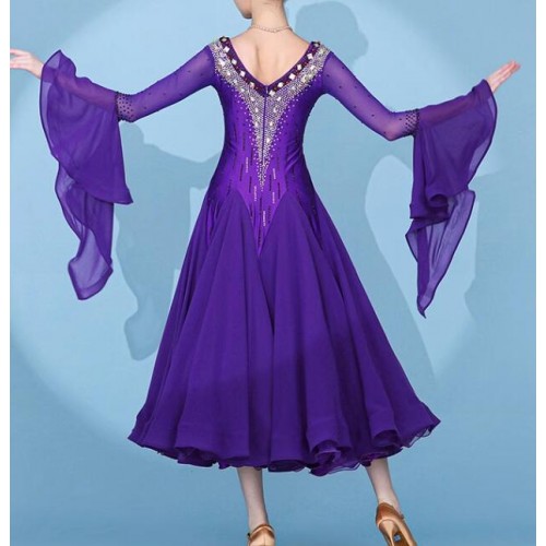 Customized size violet competition ballroom dance dresses for women girls flare sleeves professional waltz tango foxtrot smooth dance long gown for female